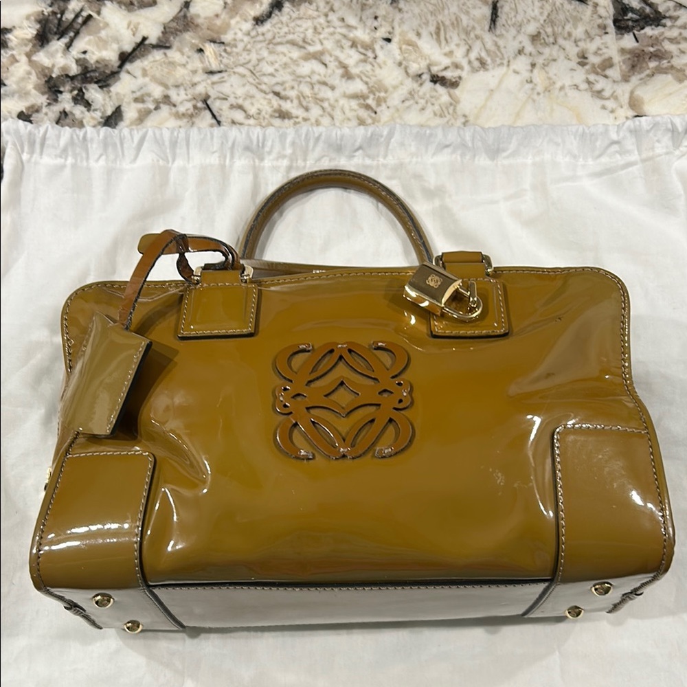 Loewe Amazona Elegant Tan Patent Leather Designer Handbag